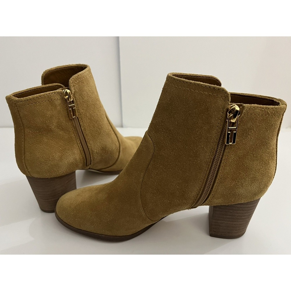 Tory Burch Sabe Suede Ankle Bootie Caramel Tan Gold Logo Size 7.5